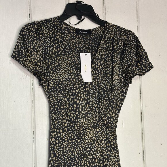 Aakaa Women's Size Small Black Satin Cheetah Animal Print Wrap Maxi Dress NWT - Picture 3 of 10